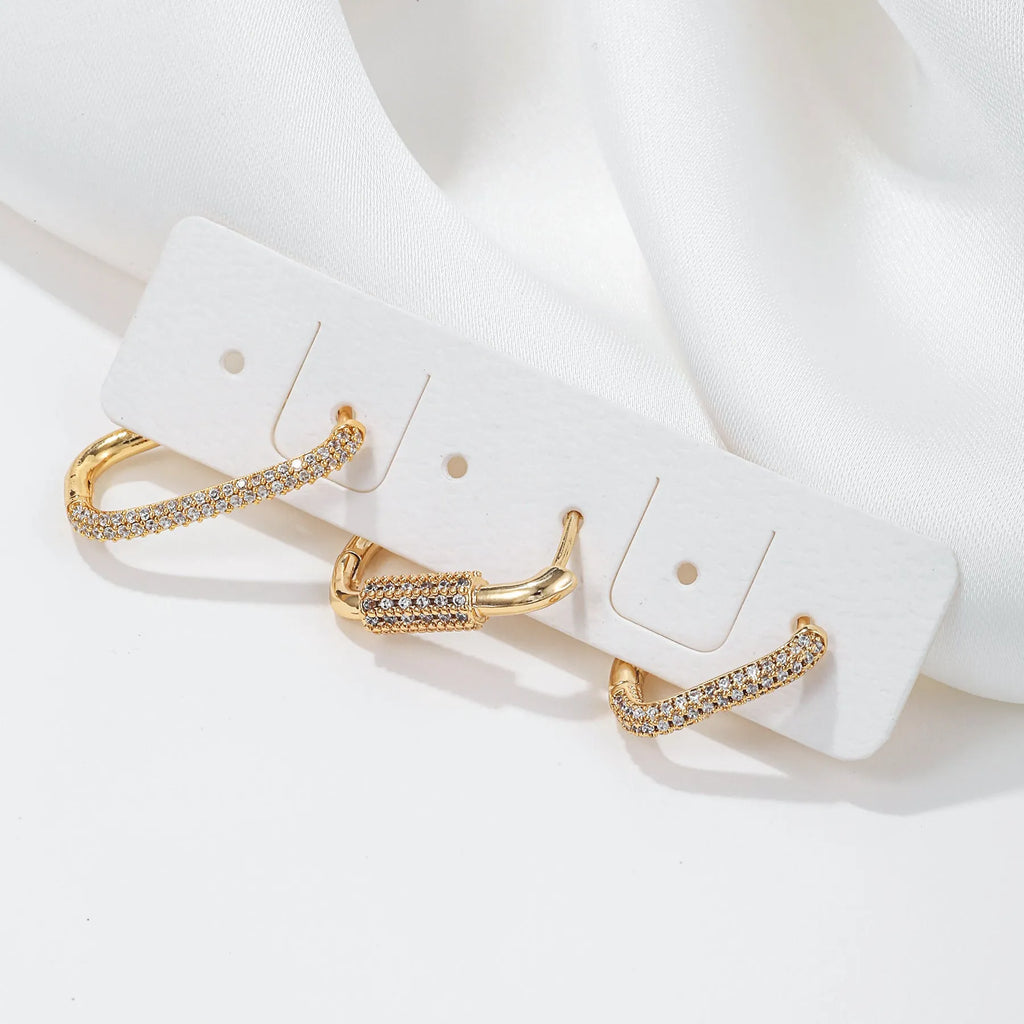 Women's geometric three-piece copper ear clip set with micro inlaid zircon detailing in gold or white colour