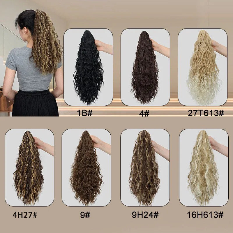 Synthetic corn curler wig with a textured water ripple grip ponytail, shown in a dark brown colour.