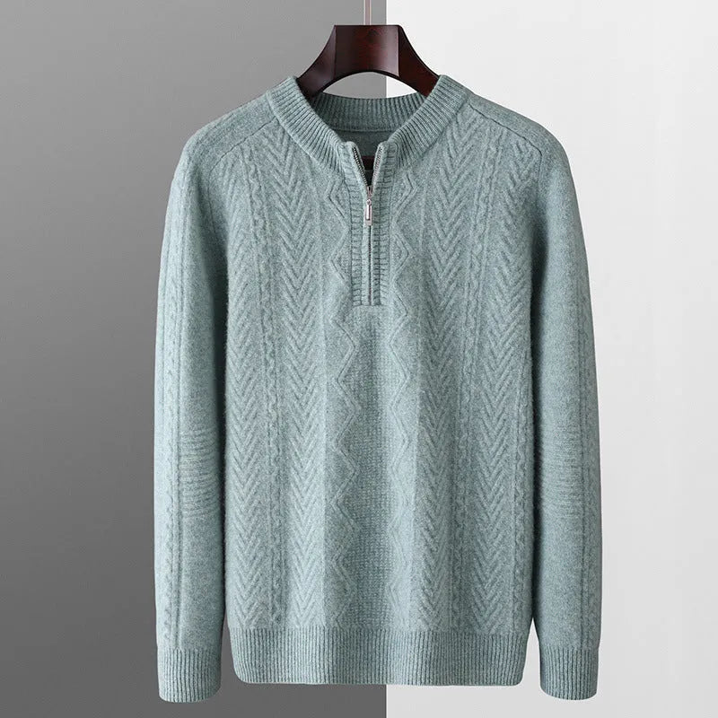 Men's diamond pattern wool half-zip sweater in light camel colour with loose fit