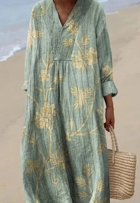 Women's long sleeve floral 3D print dress with wide waist on a model