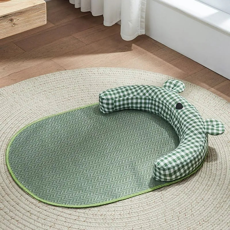 Green reversible dog mat showing cooling gel side and fleece side, with size options S, M, L, XL.