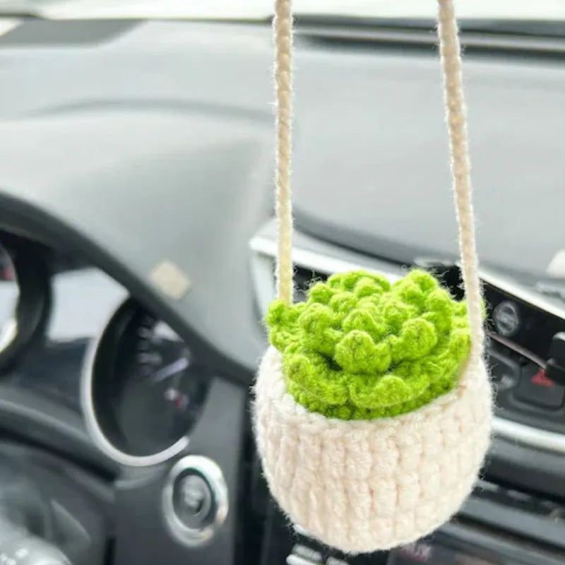 Green and white knitted wool car plant decoration hanging from 25cm white rope