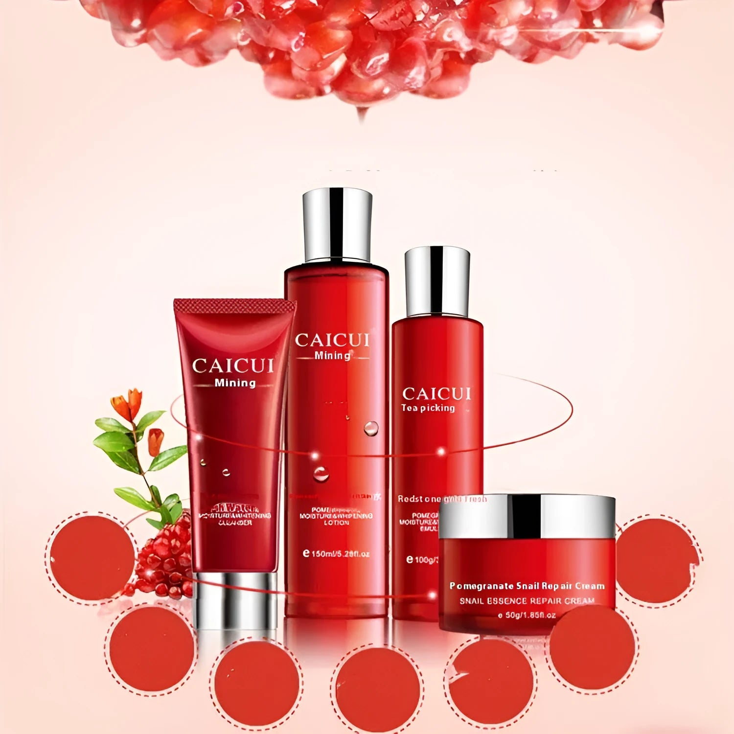 Pomegranate skincare set with four products: face wash, toner, lotion and facial cream in red packaging.