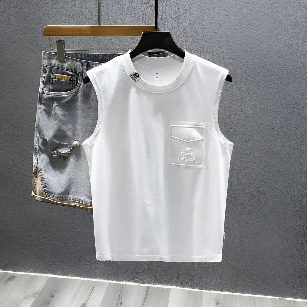 Men's solid black loose-fit cotton sleeveless t-shirt with a straight hem on a white background.