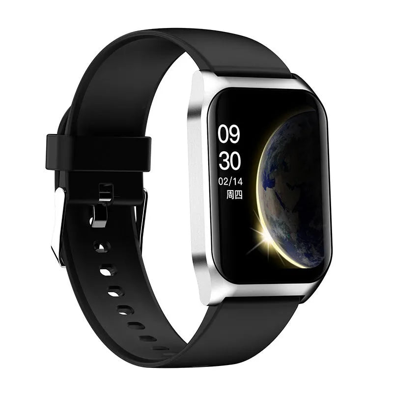 Black smart watch with heart rate monitor on silicone wrist strap showing 1.69-inch touch screen display