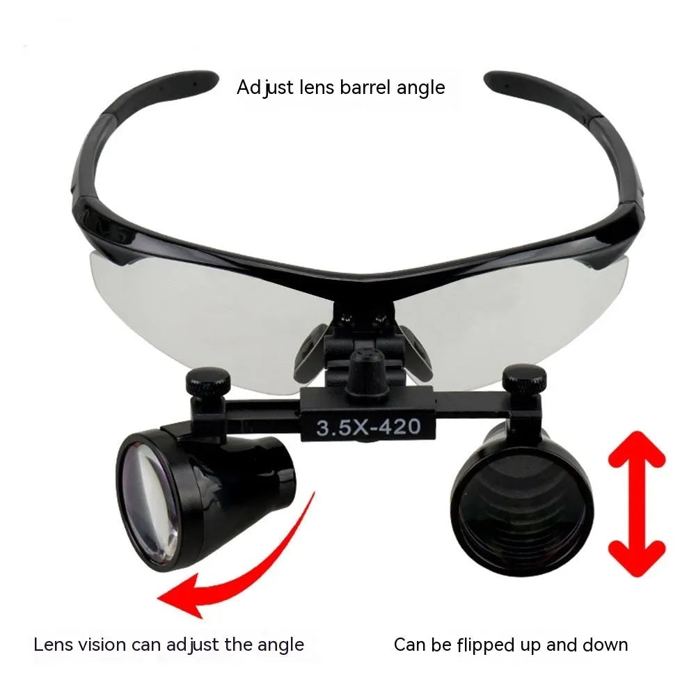 Black head-mounted dental magnifier with LED light showing dual magnification options and portable design