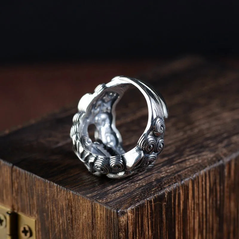 Silver adjustable open ring with Jibeast animal zodiac pattern and diamond detailing