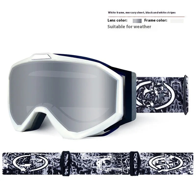 Double layer motorcycle goggles with TPU frame and anti-fog lens in black red blue or silver with storage bag