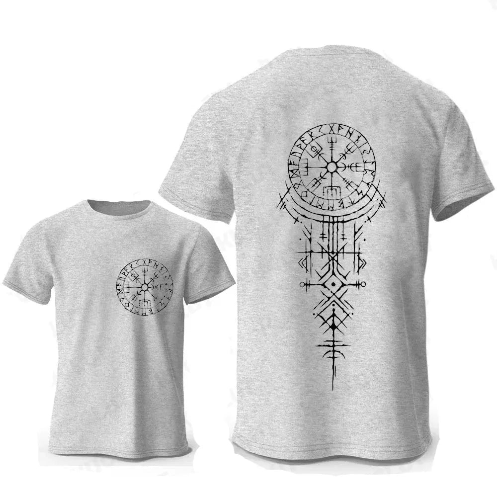 Man wearing a grey Viking rune compass graphic T-shirt made from pure cotton.