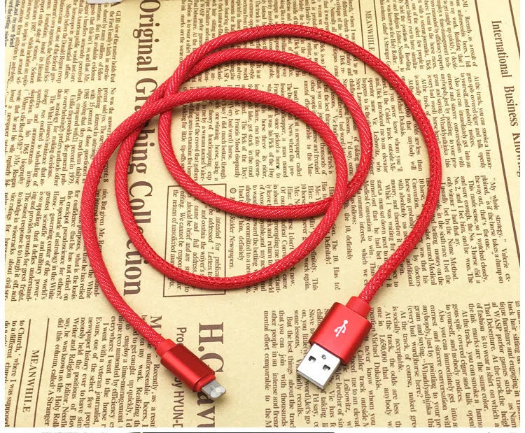 Cowboy-style denim braided USB-C charging cable in black with aluminium connectors.