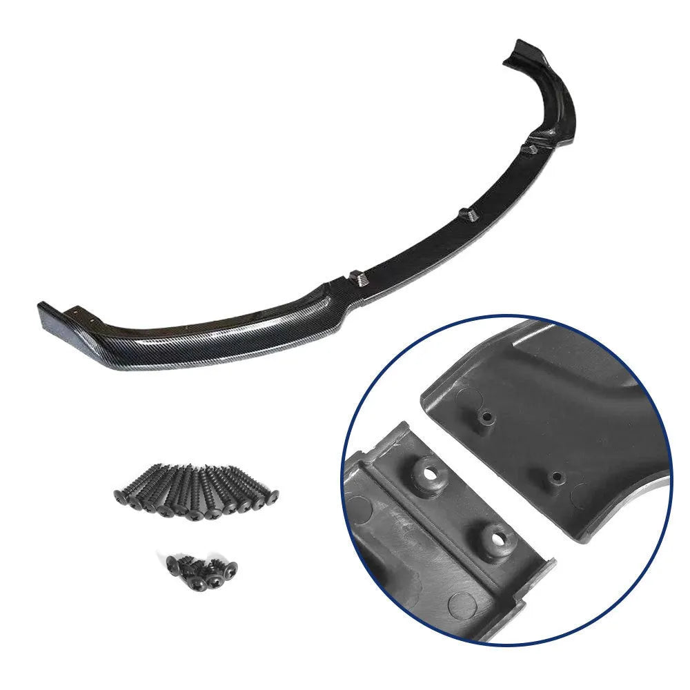 Bright black polypropylene front bumper lip for BMW F30 F35 3 Series showing 3-piece construction