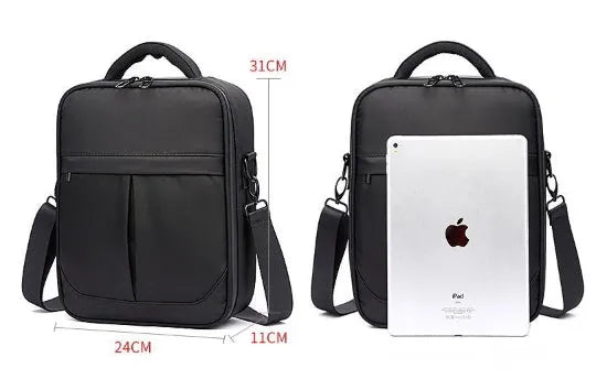 Black Oxford fabric men's messenger bag showing shoulder strap and compact dimensions