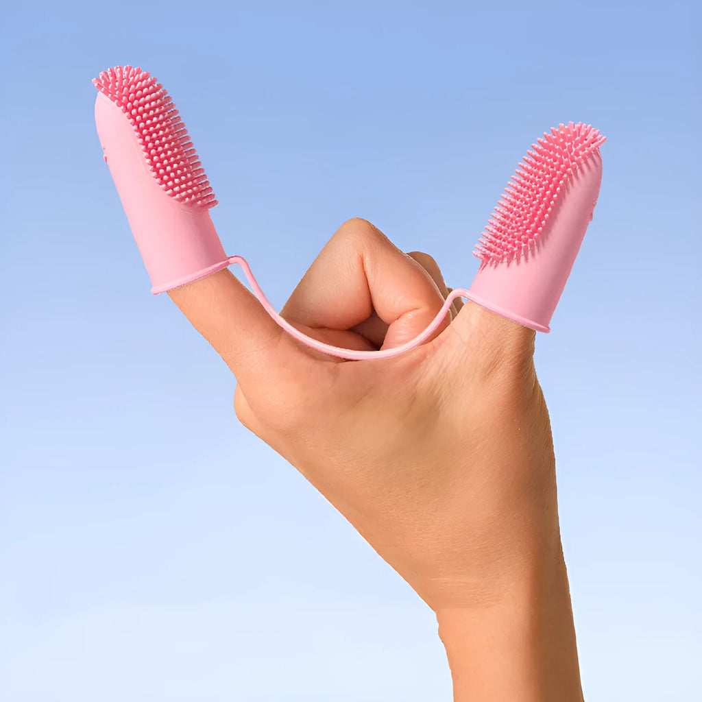 TPR finger cover toothbrush for pet dental cleaning in blue green, yellow, or pink.