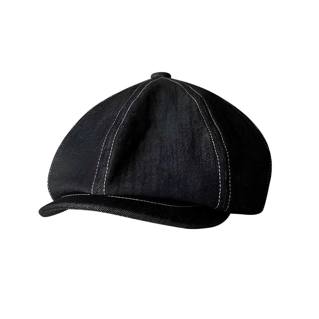 Black cotton beret with an octagonal cap style on a neutral background.