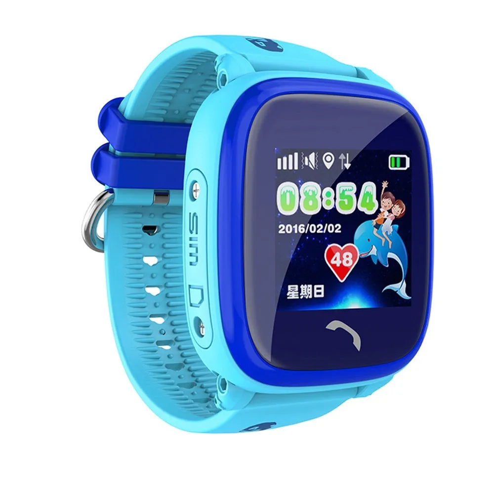 Blue children's waterproof smart watch with touch screen display and silicone wristband showing GPS tracking interface