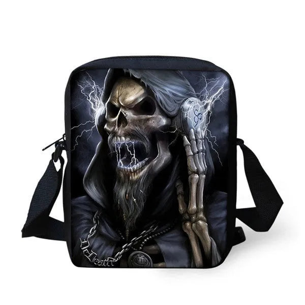 Children's messenger bag with skull patterns showing double straps and zipper closure