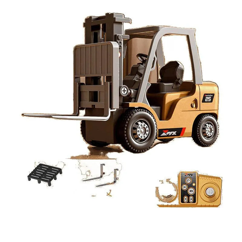 1:64 scale mini alloy forklift toy with remote control and cargo accessories on pallet