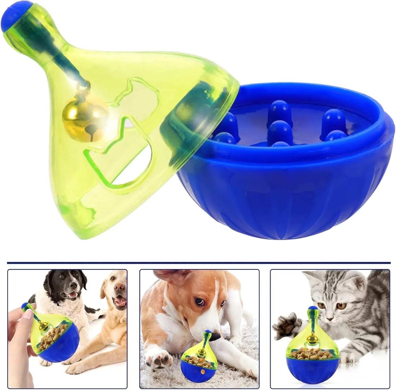 Blue tumbler-shaped pet treat dispenser toy for interactive feeding