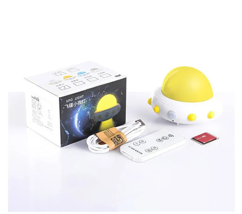 Remote control UFO bedside night light in blue colour with cartoon design