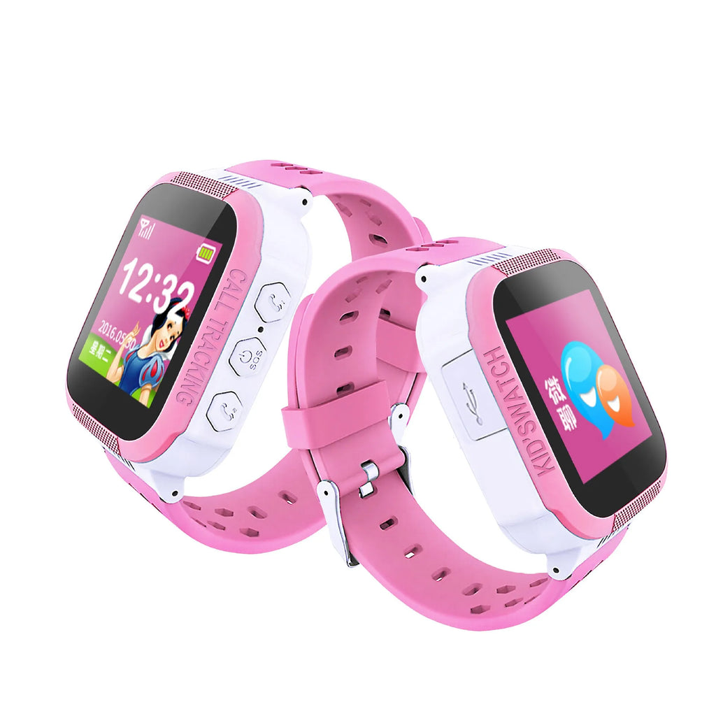 Blue and pink children's phone watch showing its 1.44-inch IPS screen and side view with USB port.