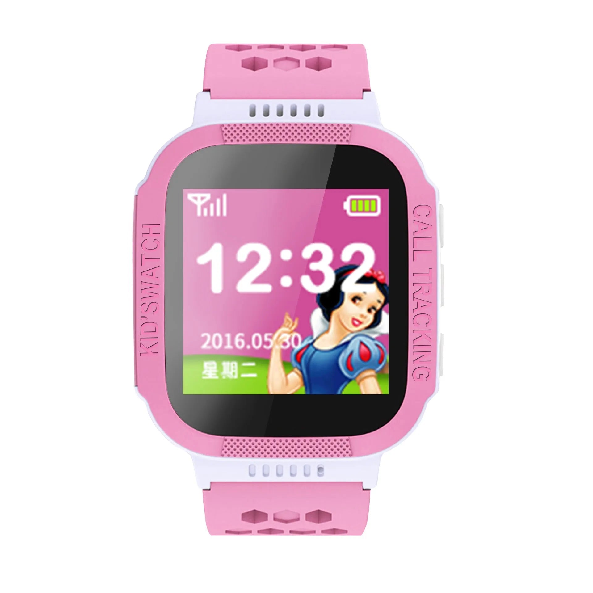Blue and pink children's phone watch showing its 1.44-inch IPS screen and side view with USB port.