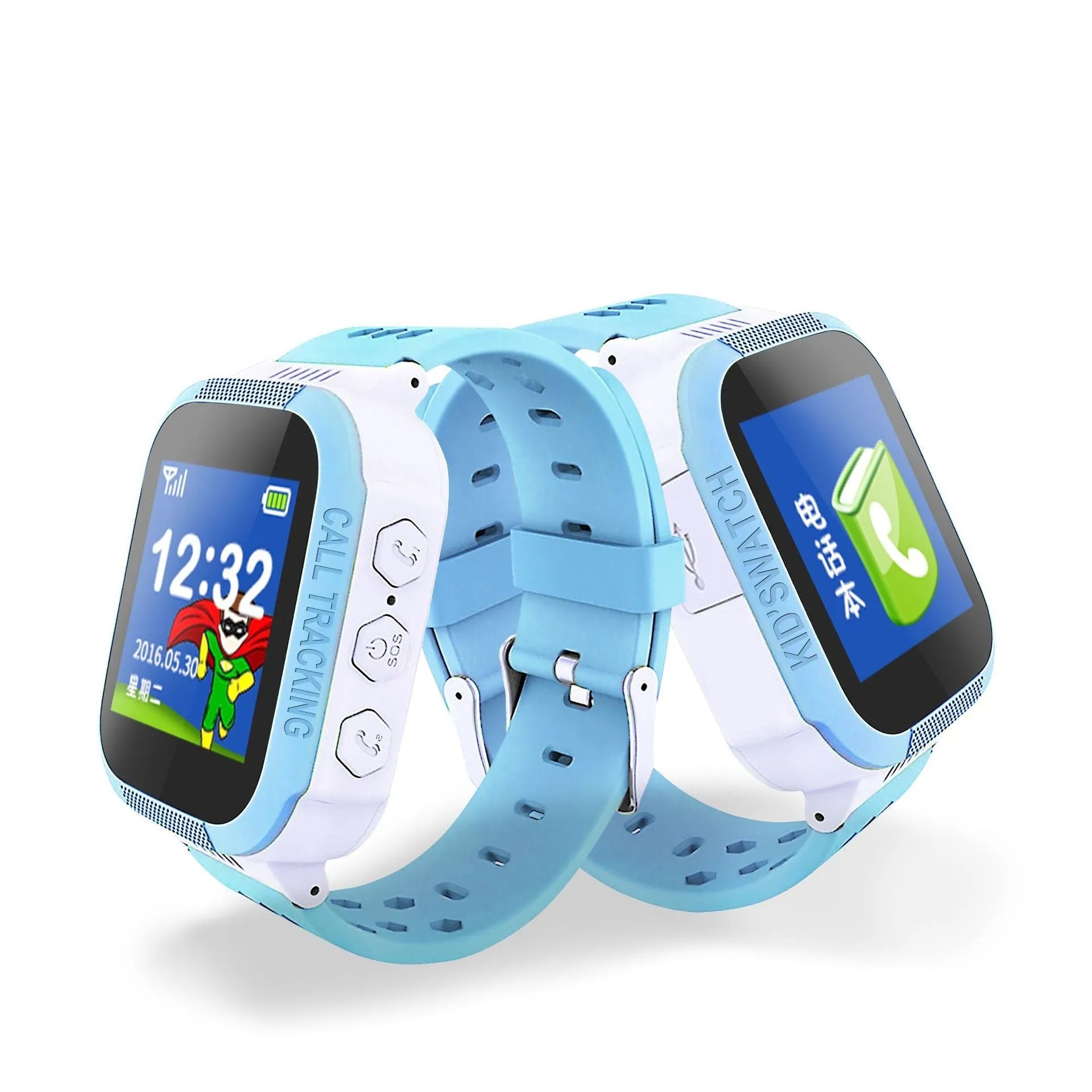 Blue and pink children's phone watch showing its 1.44-inch IPS screen and side view with USB port.