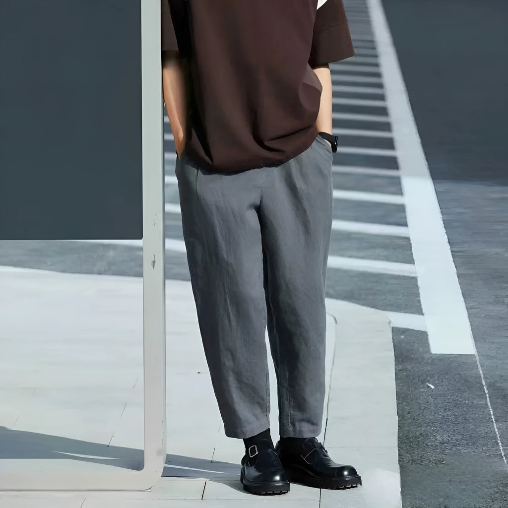 Men's light grey loose straight-leg casual trousers with drawstring waistband