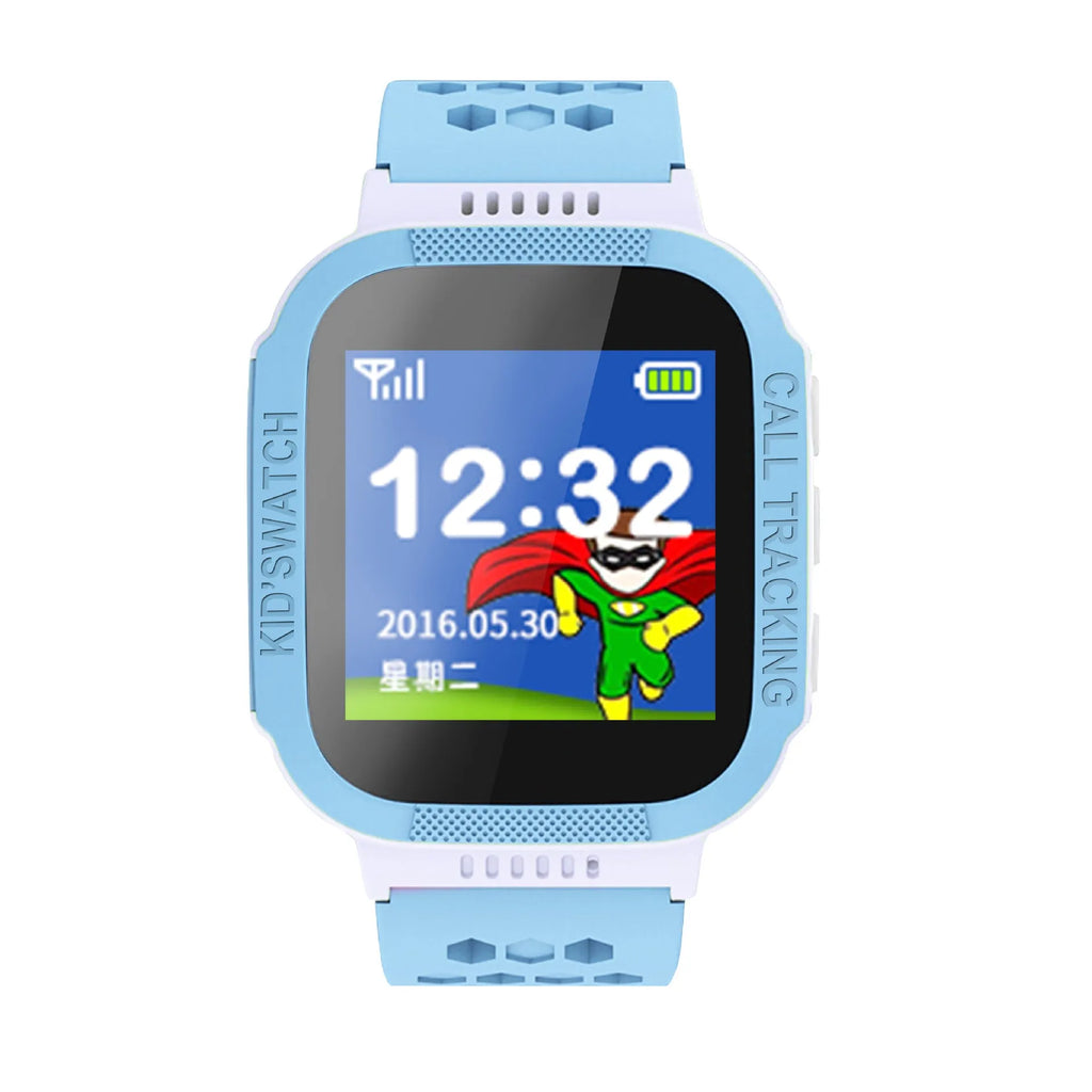 Blue and pink children's phone watch showing its 1.44-inch IPS screen and side view with USB port.