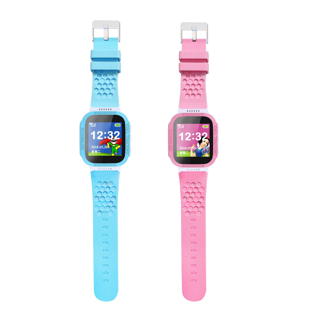 Blue and pink children's phone watch showing its 1.44-inch IPS screen and side view with USB port.