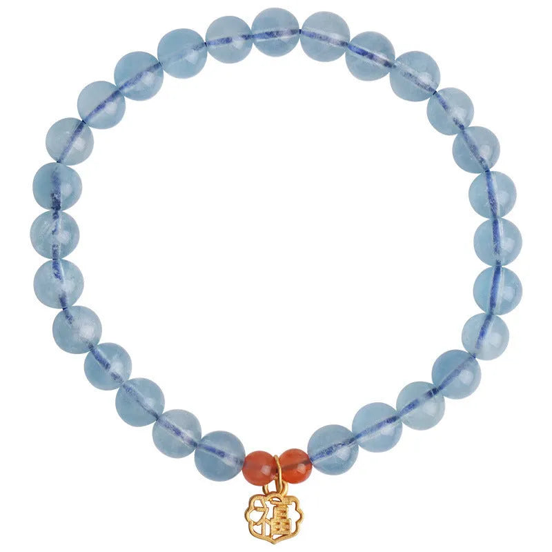 Natural aquamarine crystal bracelet with 8mm round transparent beads and blessing card