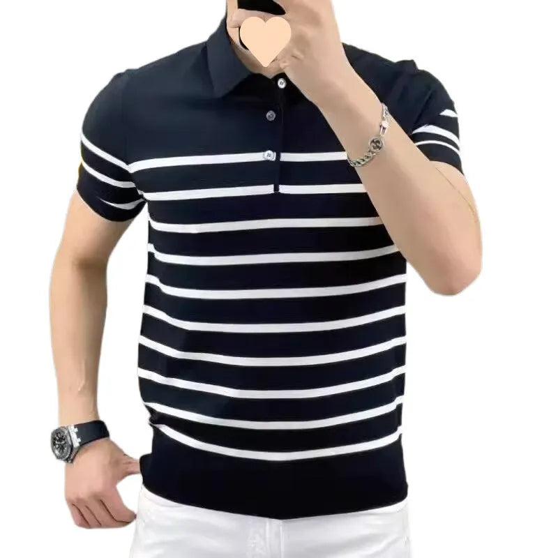 Black and white striped lapel knitted t-shirt laid flat, showing pullover style and non-ironing finish.