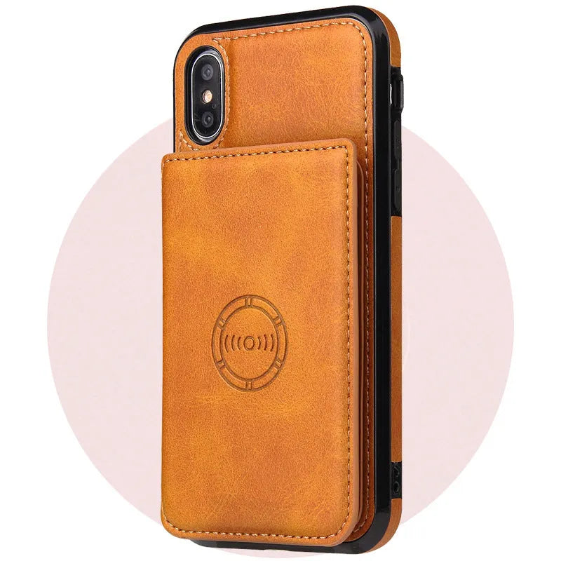 Imitation leather card wallet phone back cover for iPhone in black, blue, brown, orange, pink, and red.