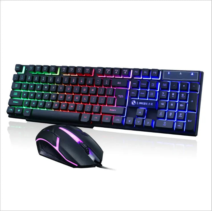 Limei GTX300 USB wired gaming keyboard and mouse set with RGB backlight on black keyboard