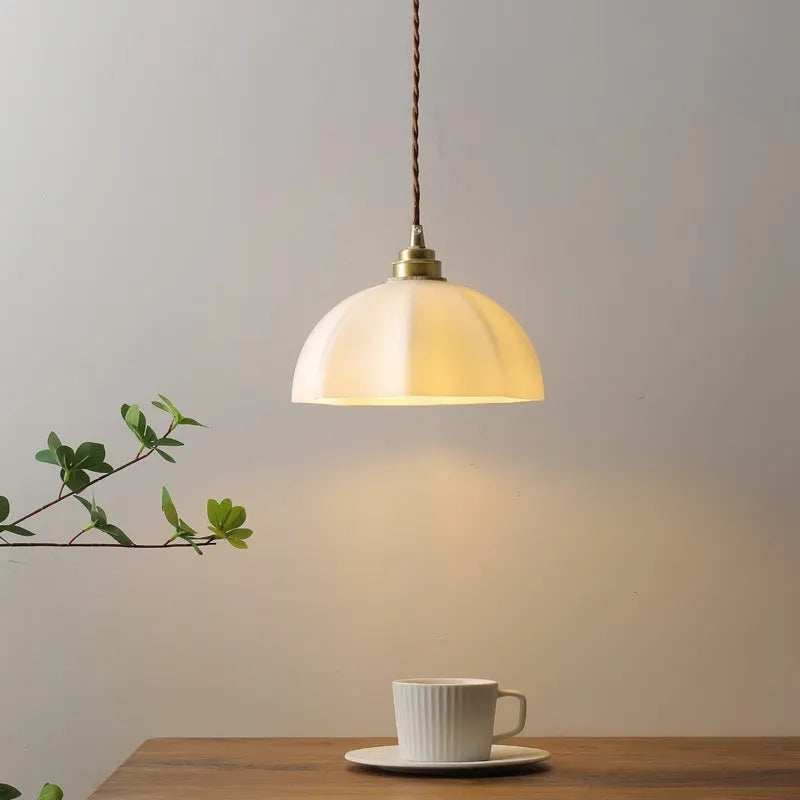 Brass Chinese style indoor droplight with copper glass shade for bedside or study lighting