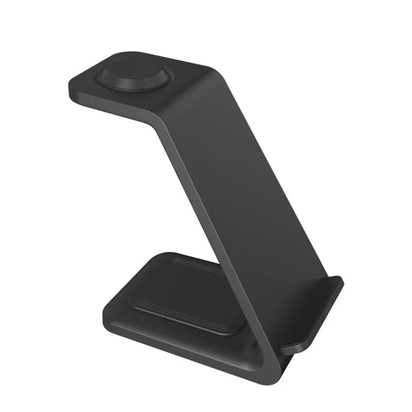 White 3-in-1 upright wireless phone charger with mobile device displayed at viewing angle