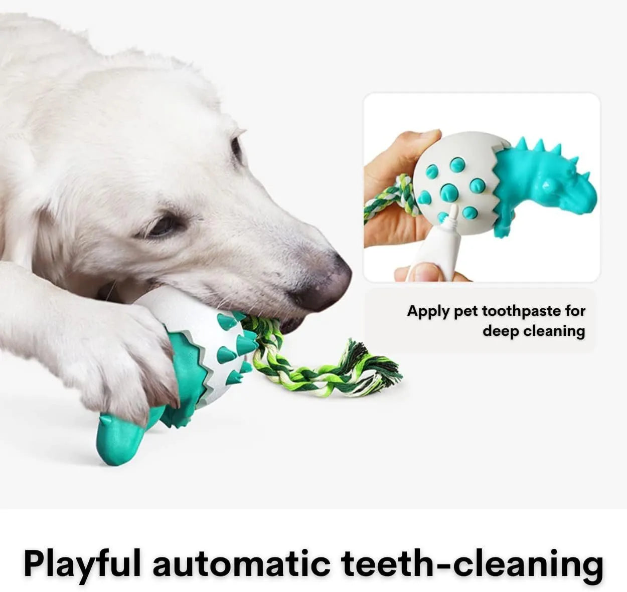 Blue durable rubber dog chew toy with rope and dinosaur design for aggressive chewers