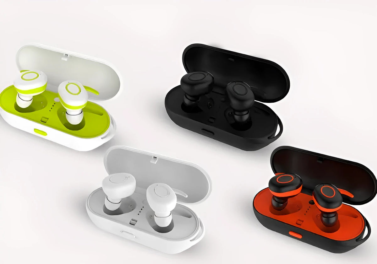 Compact wireless Bluetooth in-ear headphones in black, green, red, or white colours, designed for sports with noise reduction.