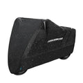Black polyester motorcycle cover shown on electric vehicle with size options from M to XXXXL