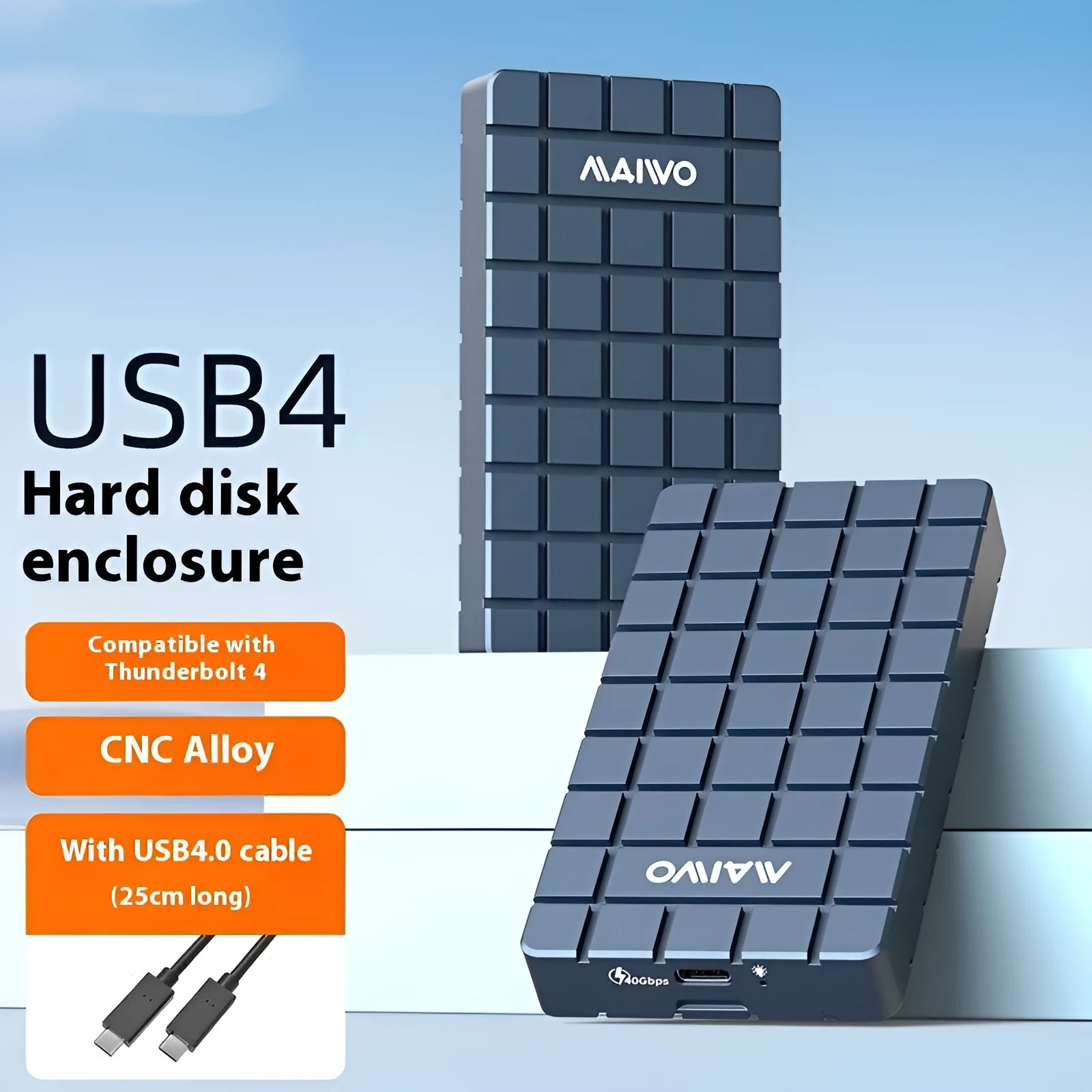 Compact aluminium USB4 hard drive enclosure for M.2 NVMe solid state drives