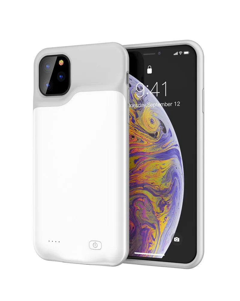 Shockproof silicone battery charging case for iPhone in black, blue, pink, or white colours.