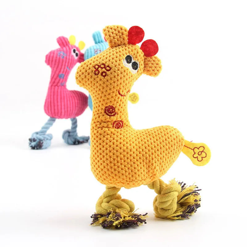 Blue plush deer-shaped dog toy with corn grain texture on a white background.
