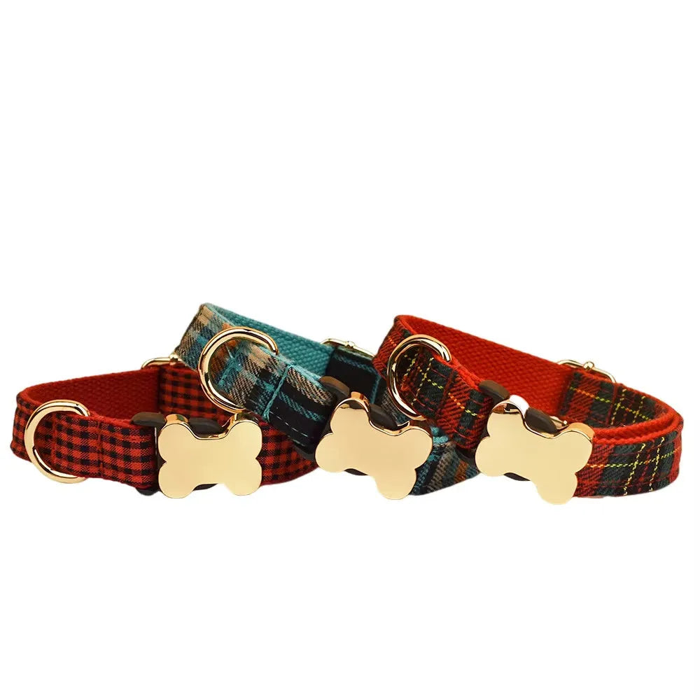 Flat fabric printed grid nylon dog collar with bone buckle in various colours and sizes