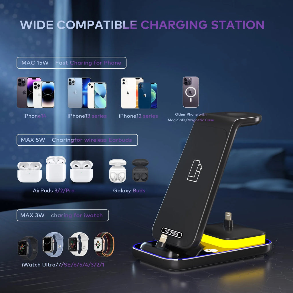 Black vertical wireless charger with phone watch and earbuds charging simultaneously