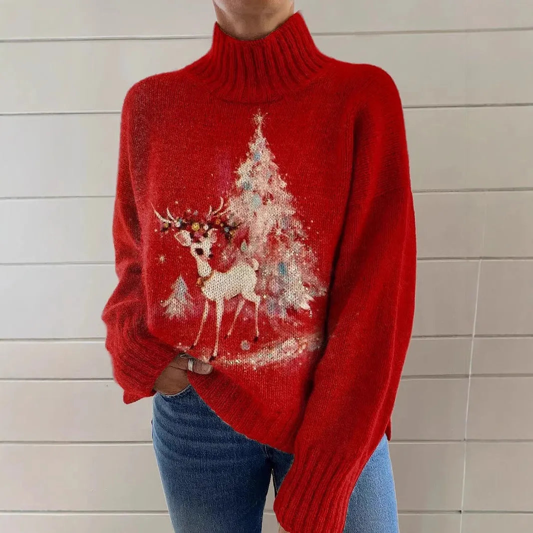 Women's Christmas printed turtleneck sweater in loose fit with festive painting pattern design