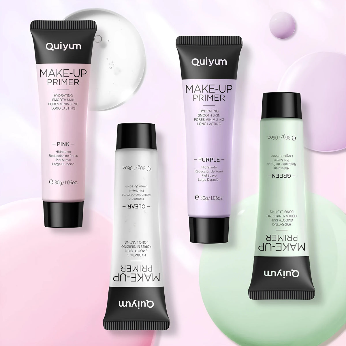 30g tube of colour-correcting make-up primer showing purple, pink, green, and nude shade options