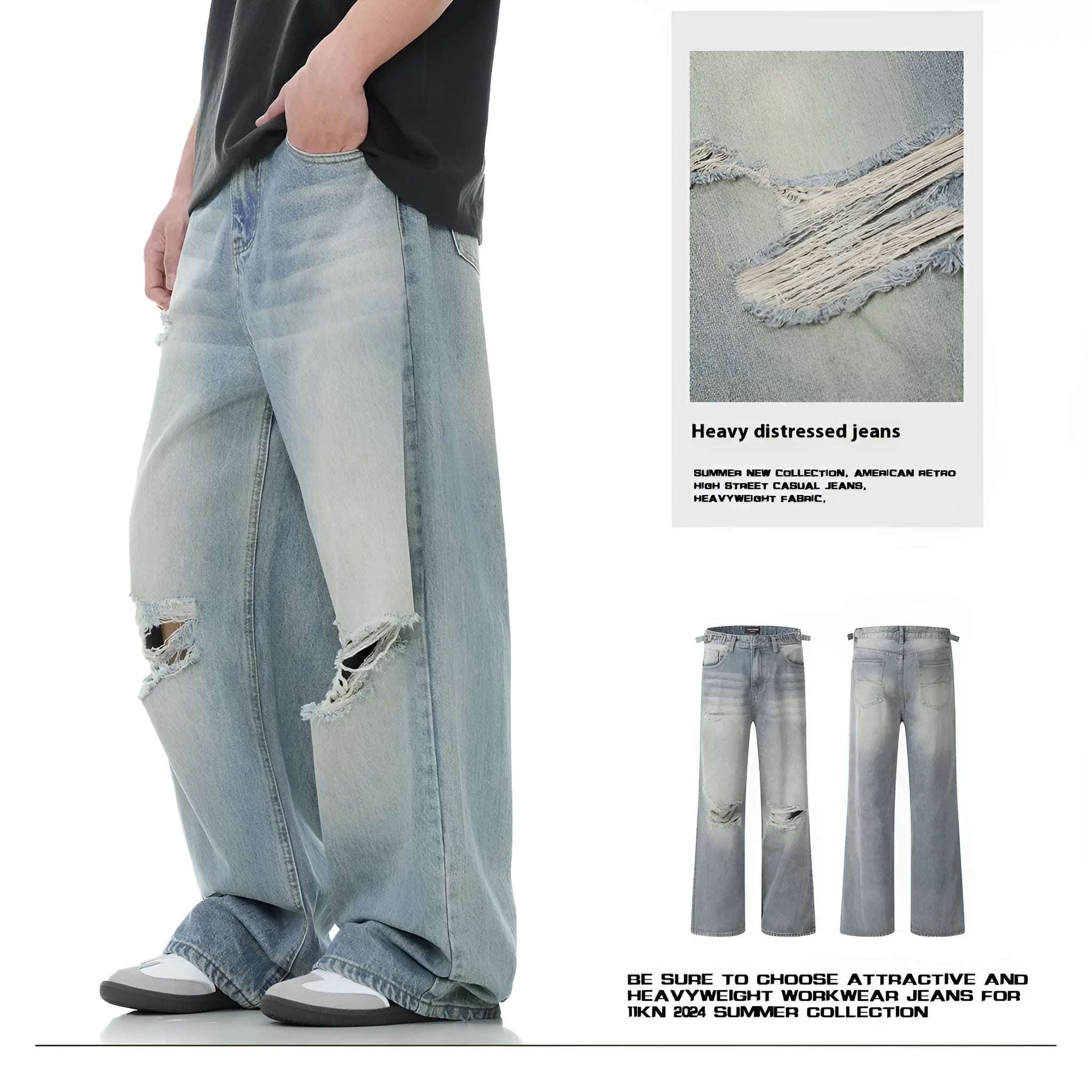 Blue straight-leg men's jeans with a zipper fly on a plain background.