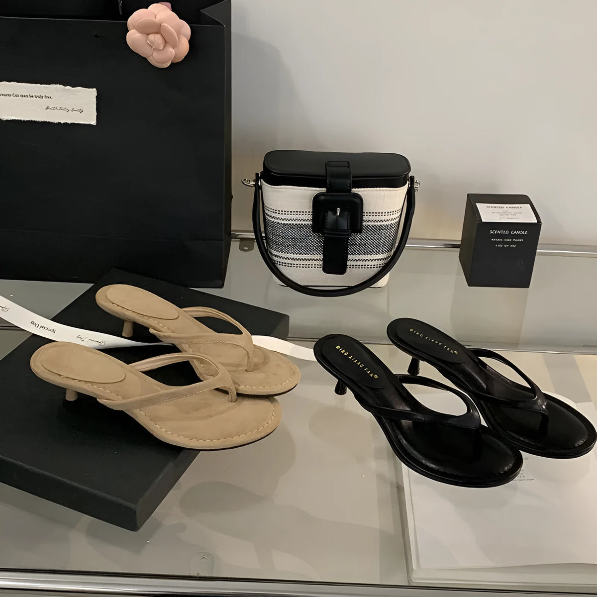 Women's round toe stiletto flip-flop sandals in black or camel colours