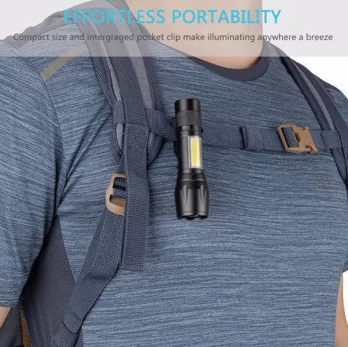 Black aluminium alloy telescopic LED flashlight with zoom adjustment and clip for portable use