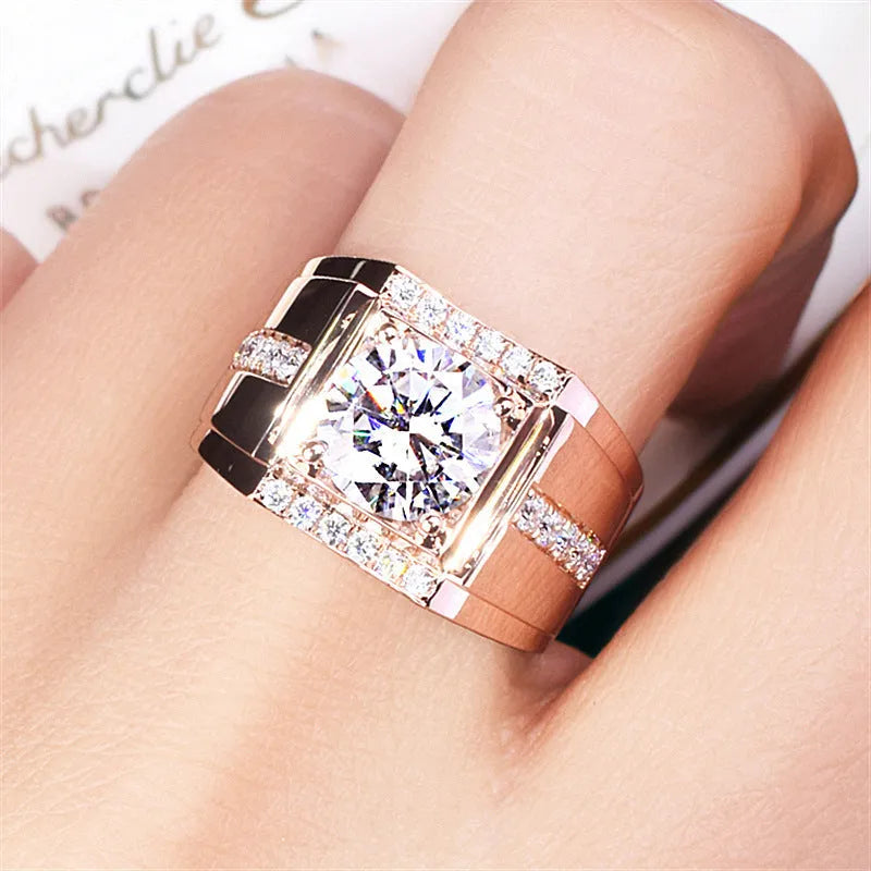 Men's adjustable geometric diamond ring in copper with electroplated finish showing open mouth design