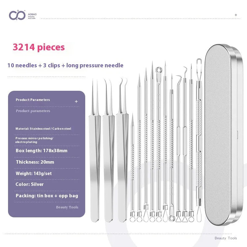 Four silver metal acne needles with fine pointed tips for blackhead removal.